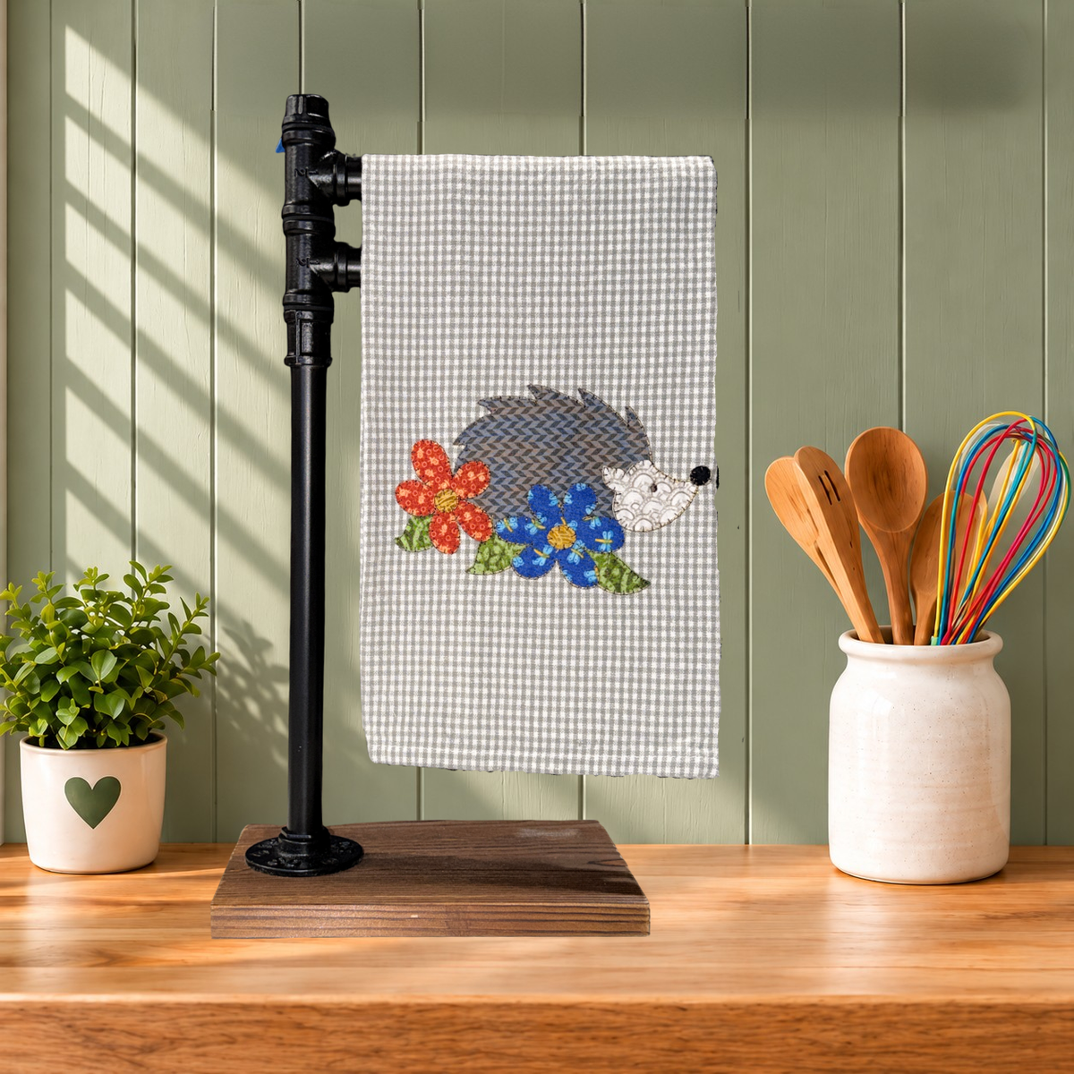Hedgehog with Flowers | Handmade Appliqué Kitchen Towel