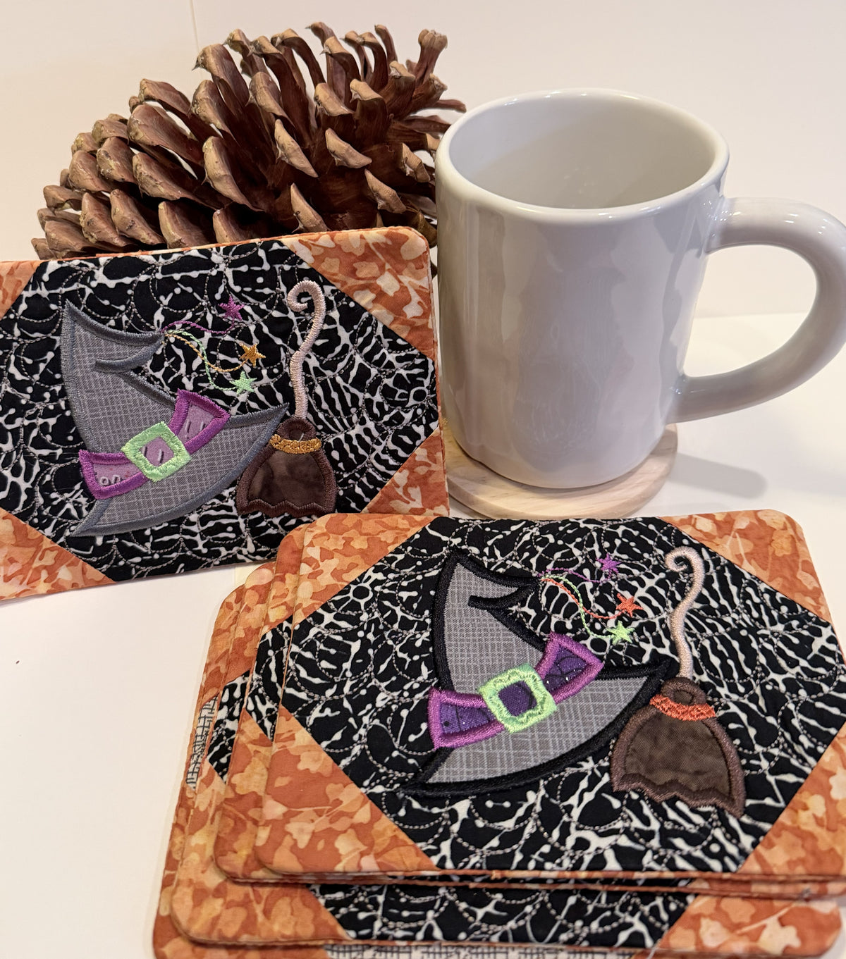 Halloween - Witch Hat and Broom - Quilted Mug Rugs