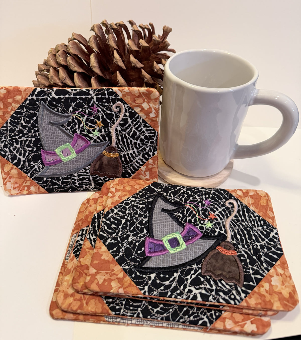 Halloween - Witch Hat and Broom - Quilted Mug Rugs
