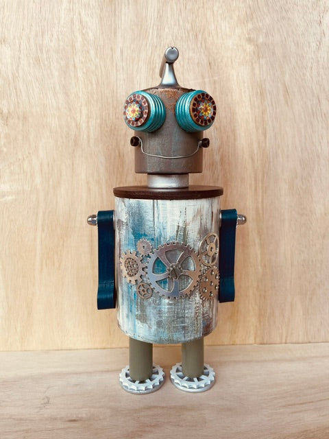 Unit 47 - StashBOT Barrel - Handmade Robot Keepsake Box with Hidden Compartment